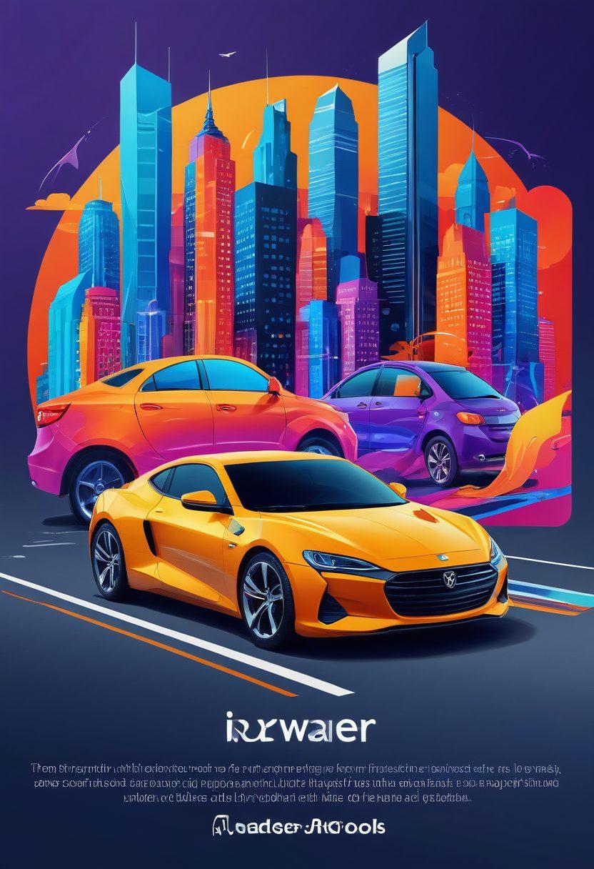A sleek, modern car surrounded by vibrant icons representing various car protection plans, like insurance papers, safety shields, and car maintenance tools. The background features an abstract cityscape that symbolizes an easy, hassle-free experience. Bright colors evoke a sense of trust and security. warm tones should dominate. super-realistic. vibrant colors.