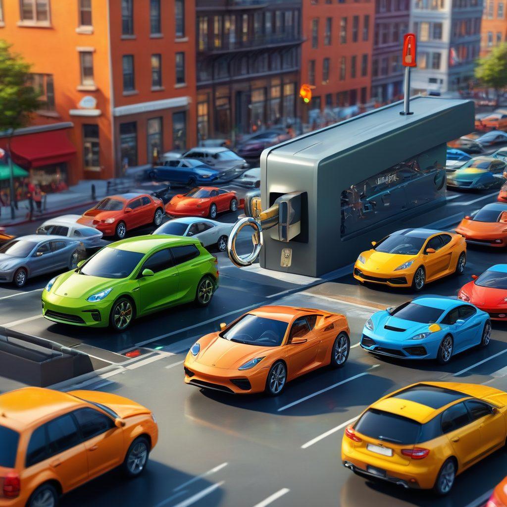 A visually engaging illustration of a car unlocking a giant padlock, symbolizing the secrets to affordable car insurance. In the background, showcase diverse cars parked in a thriving city, with vibrant icons representing different coverage options floating around. Include elements like a calculator, dollar signs, and a checklist to emphasize smart choices in insurance. Use a bright, welcoming color palette to attract readers. super-realistic. vibrant colors. 3D.
