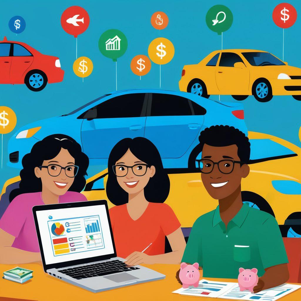 A split-screen image showcasing two diverse families comparing auto insurance rates on a laptop, with colorful graphs and dollar signs representing savings on one side and vehicle icons on the other. The background features cheerful elements like piggy banks and calculators, symbolizing budgeting. Warm tones to evoke a sense of security and positivity. cartoon style. vibrant colors.
